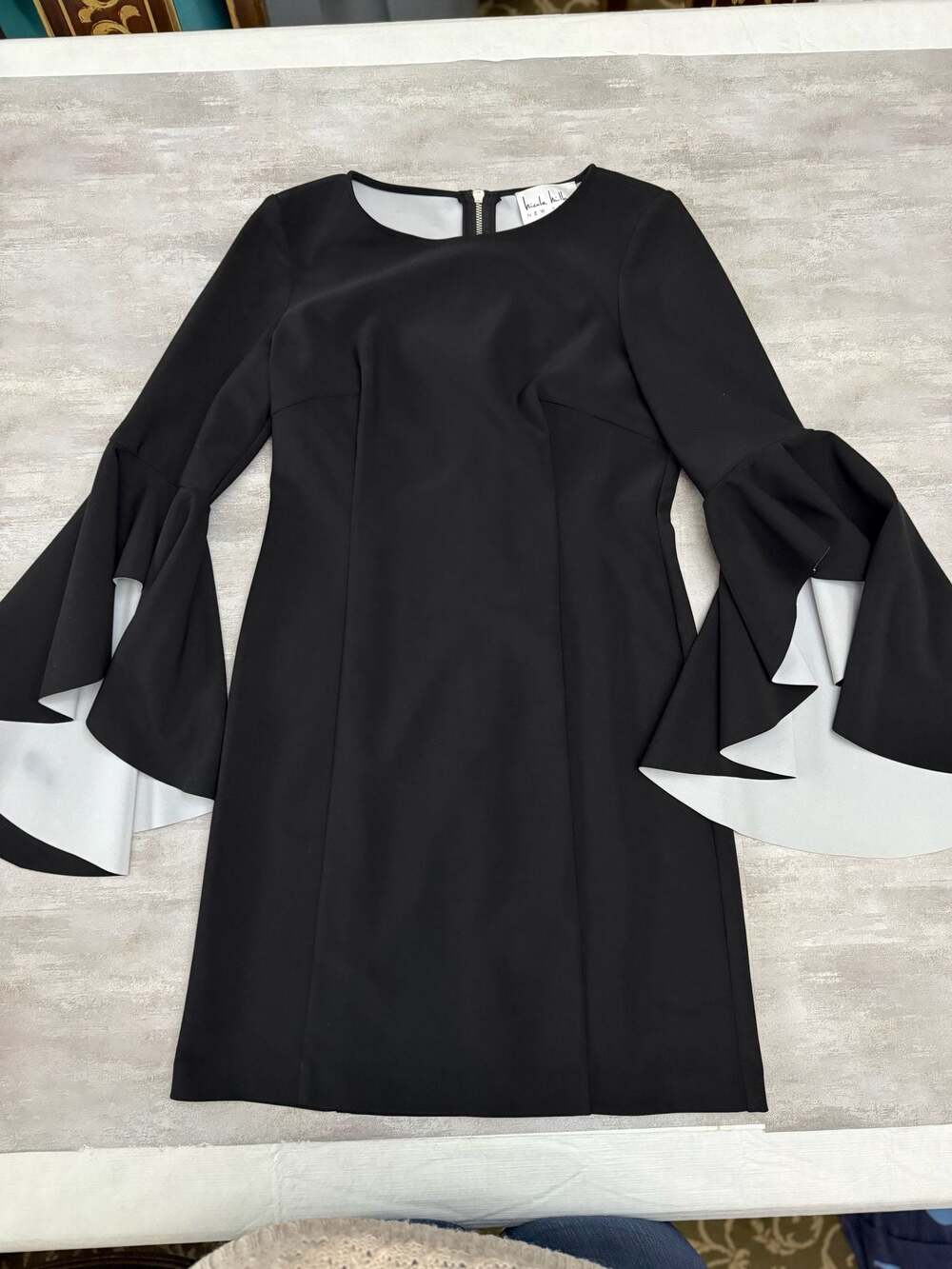 Nicole Miller New York Black Sheath Dress with Dramatic White-Lined Bell Sleeves - Picture 1 of 6